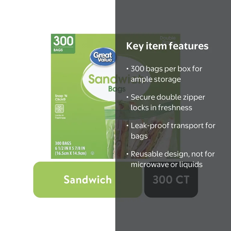 Great Value Double Zipper Sandwich Bags, 300 Count, Reusable Snack