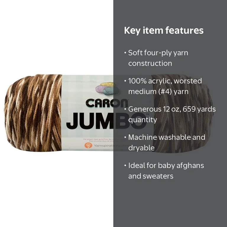 Caron Jumbo Soft Four-Ply Yarn: Chocolate Variegated, 100% Acrylic