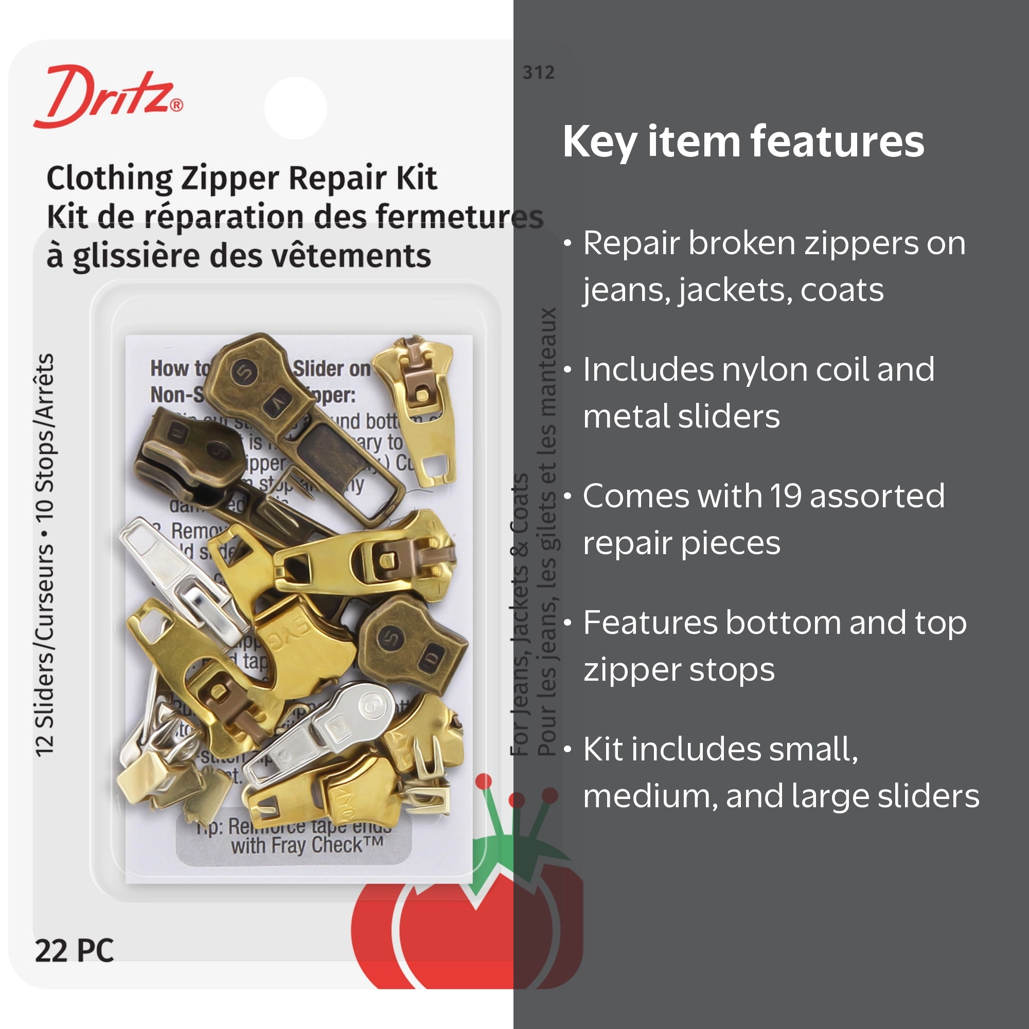 Dritz Clothing Zipper Repair Kit, 22 Count of Assorted Sliders