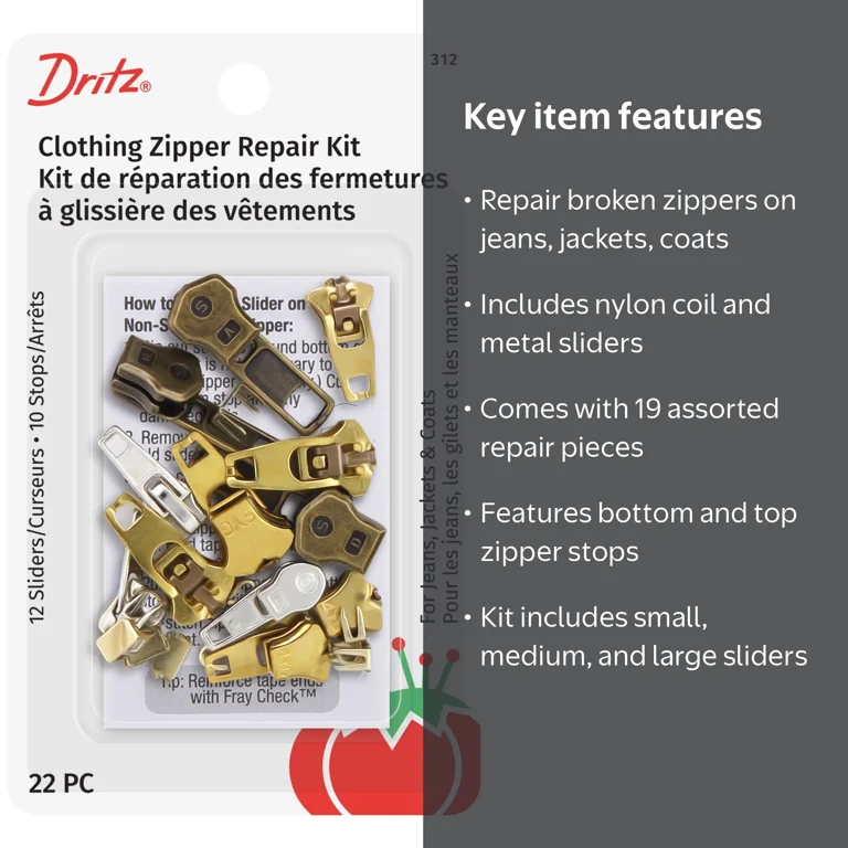 Dritz Clothing Zipper Repair Kit, 22 Count of Assorted Sliders