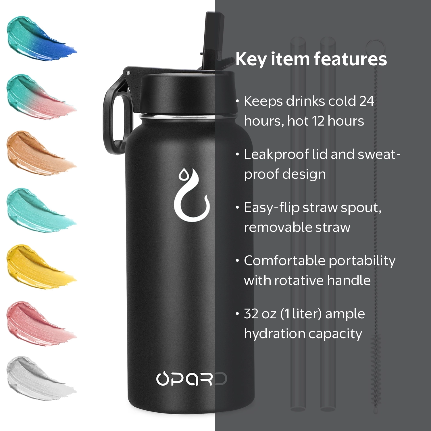 Opard 32oz Insulated Stainless Steel Bottle, Leak Proof, Straw