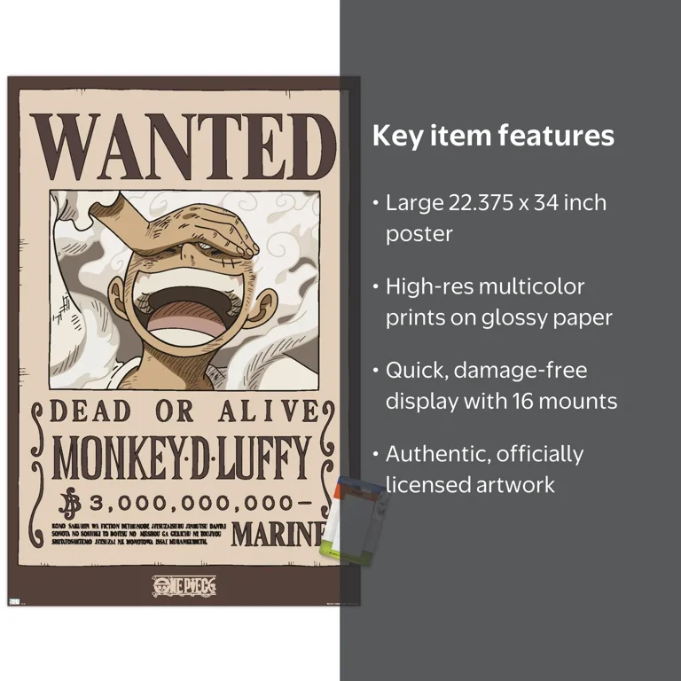 One Piece - Monkey D Luffy Wanted Poster Wall Poster, 22.375