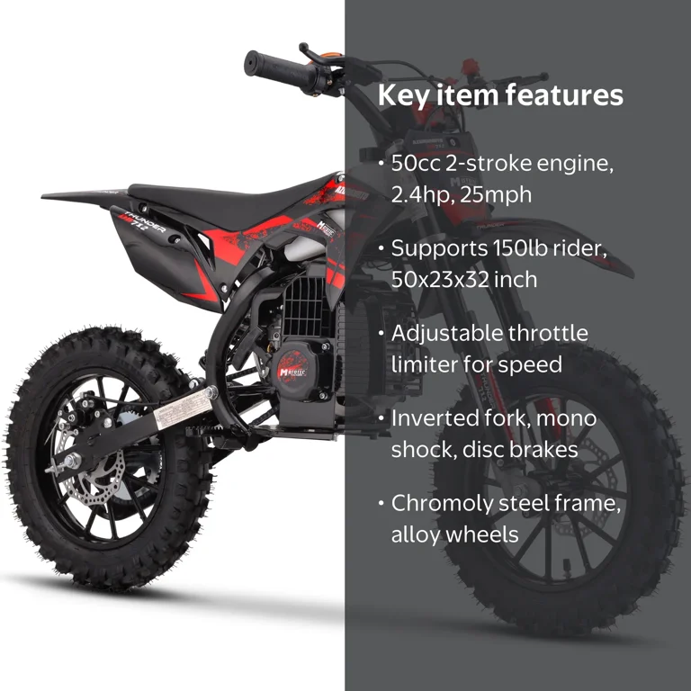 MotoTec Thunder 50cc 2-Stroke Kids Gas Dirt Bike Red, Steel Frame