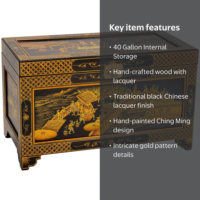 Oriental Furniture Ching Ming 40 Gallon Wood Storage Trunk, Black