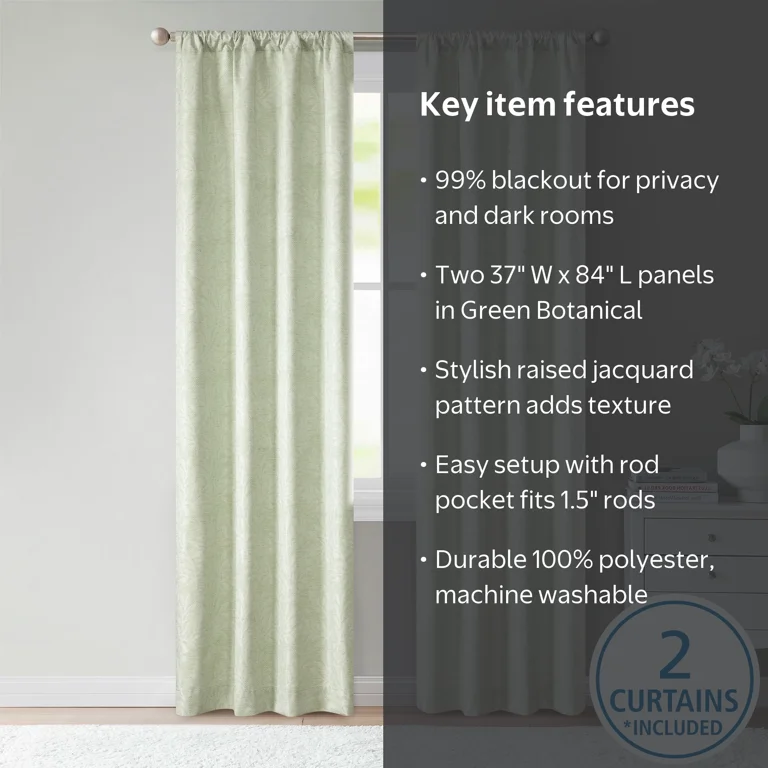 Mainstays Jacquard Blackout Curtain Panel Pair, Set of 2, Green