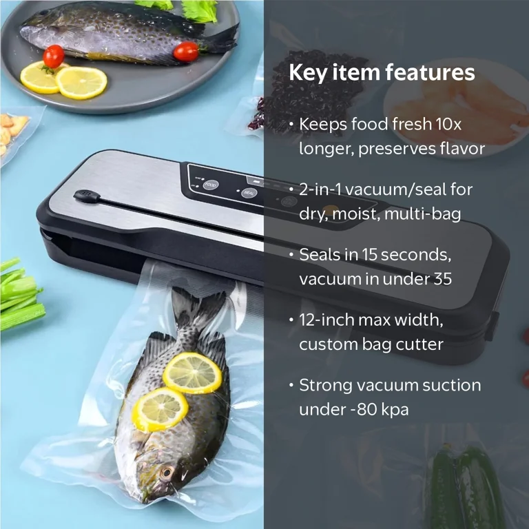 Camkey Food Vacuum Sealer Machine, 2 Rolls Food Bags, Dry Moist