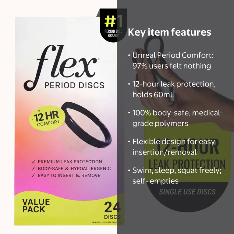 Flex, Period Discs, 24 Count, 12-Hour Wear, Body-Safe & Non-Toxic