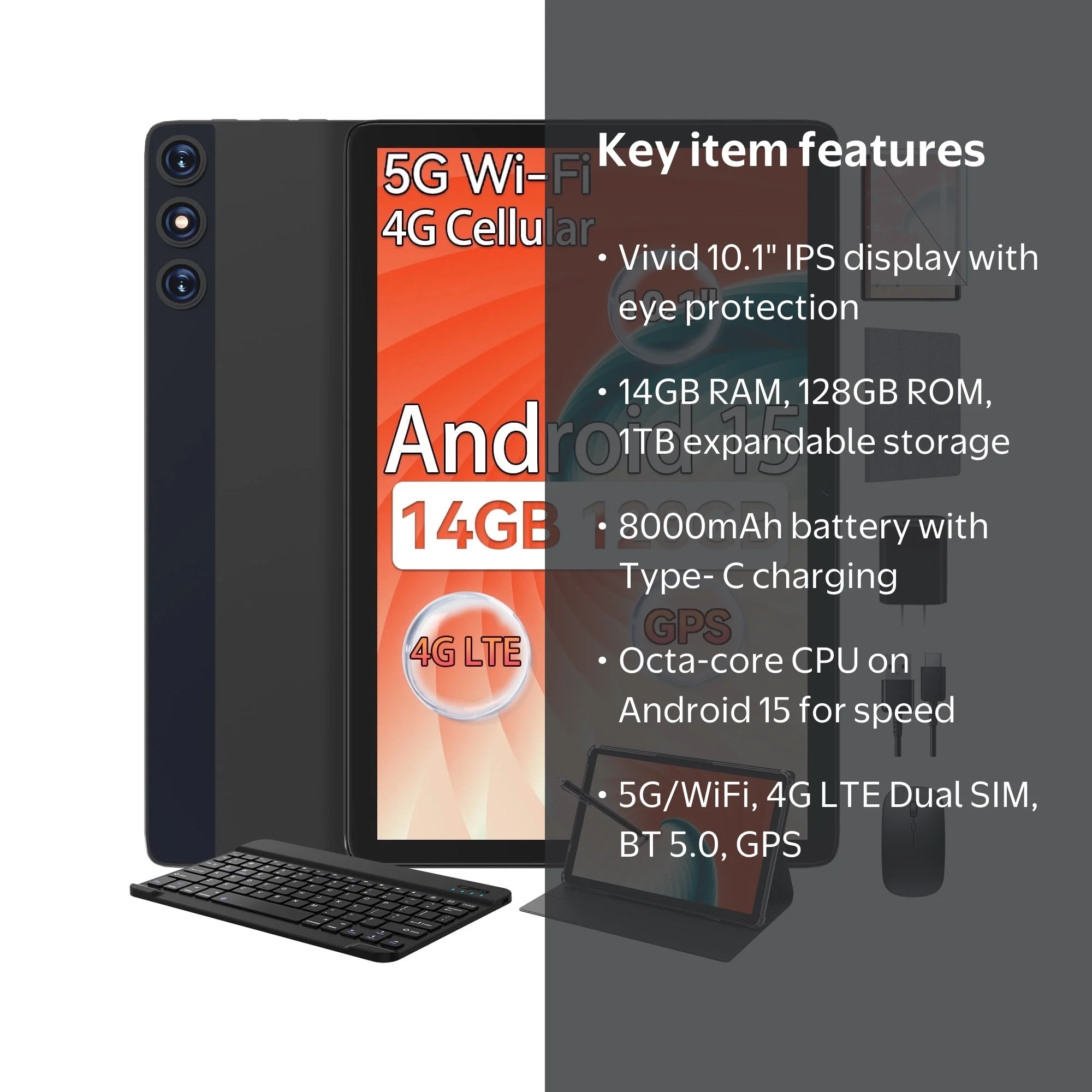 Android 15 Tablet,128GB+14(8+6 Expand)GB,10inch 4G Phone Tablet,5G