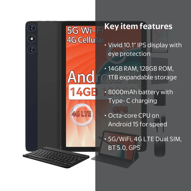Android 15 Tablet,128GB+14(8+6 Expand)GB,10inch 4G Phone Tablet,5G