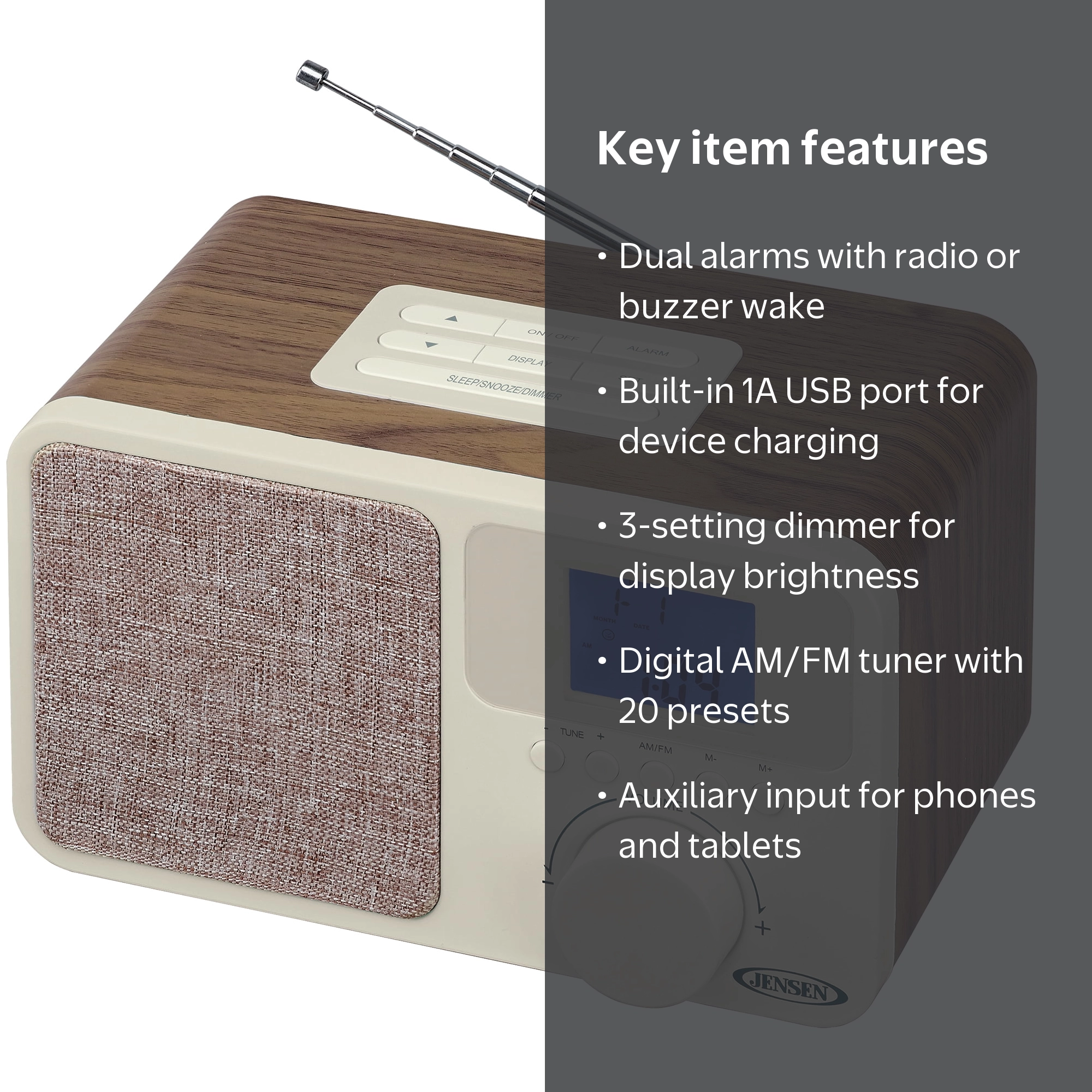 JENSEN JCR-315 Digital AM/FM Dual-Alarm Clock Radio with Wood