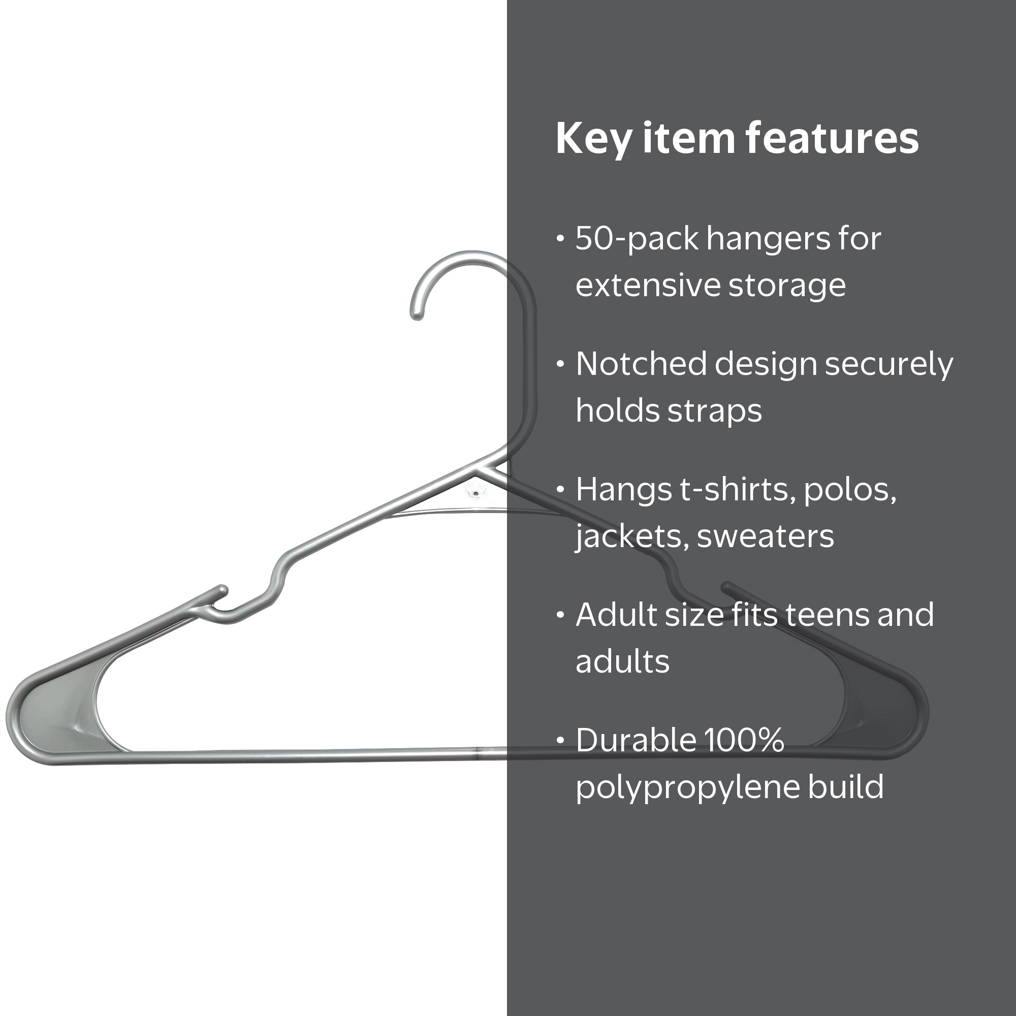 Mainstays Plastic Notched Adult Clothes Hangers, Silver Hail, 50