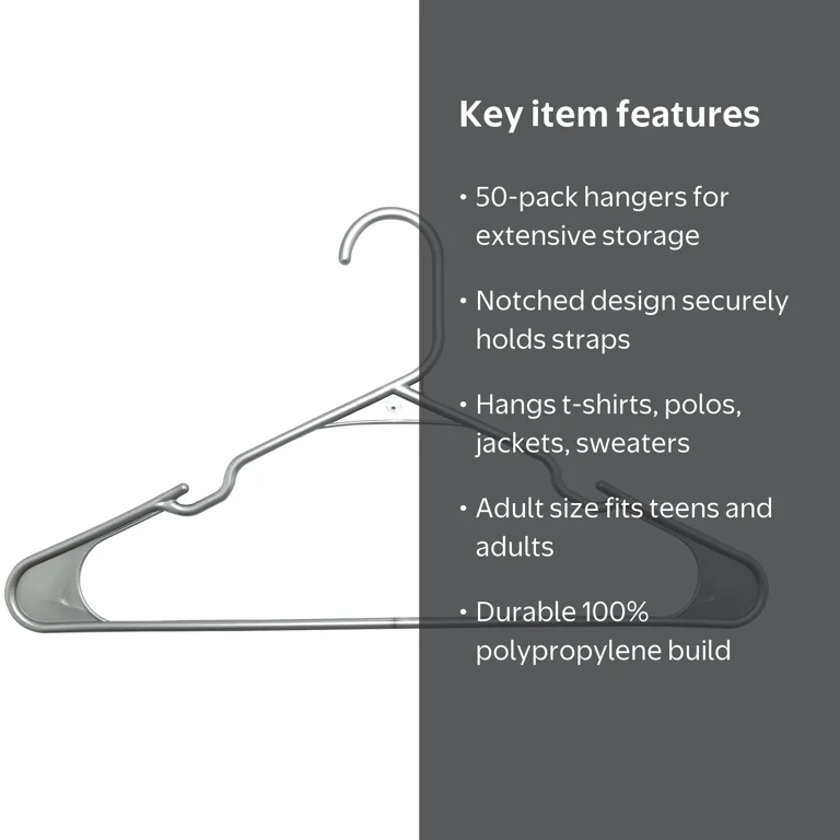 Mainstays Plastic Notched Adult Clothes Hangers, Silver Hail, 50