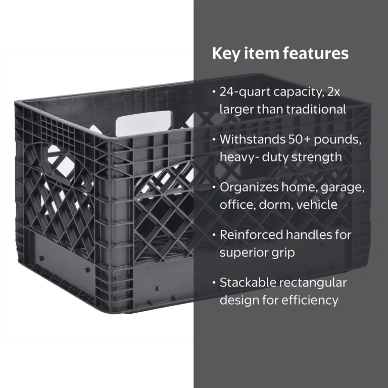 Juggernaut Storage 24QT Plastic Heavy-Duty Milk Crate, Black 