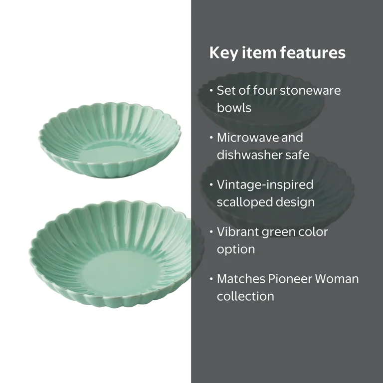 The Pioneer Woman Colette Stoneware Dinner Bowls, Green, Set of 4
