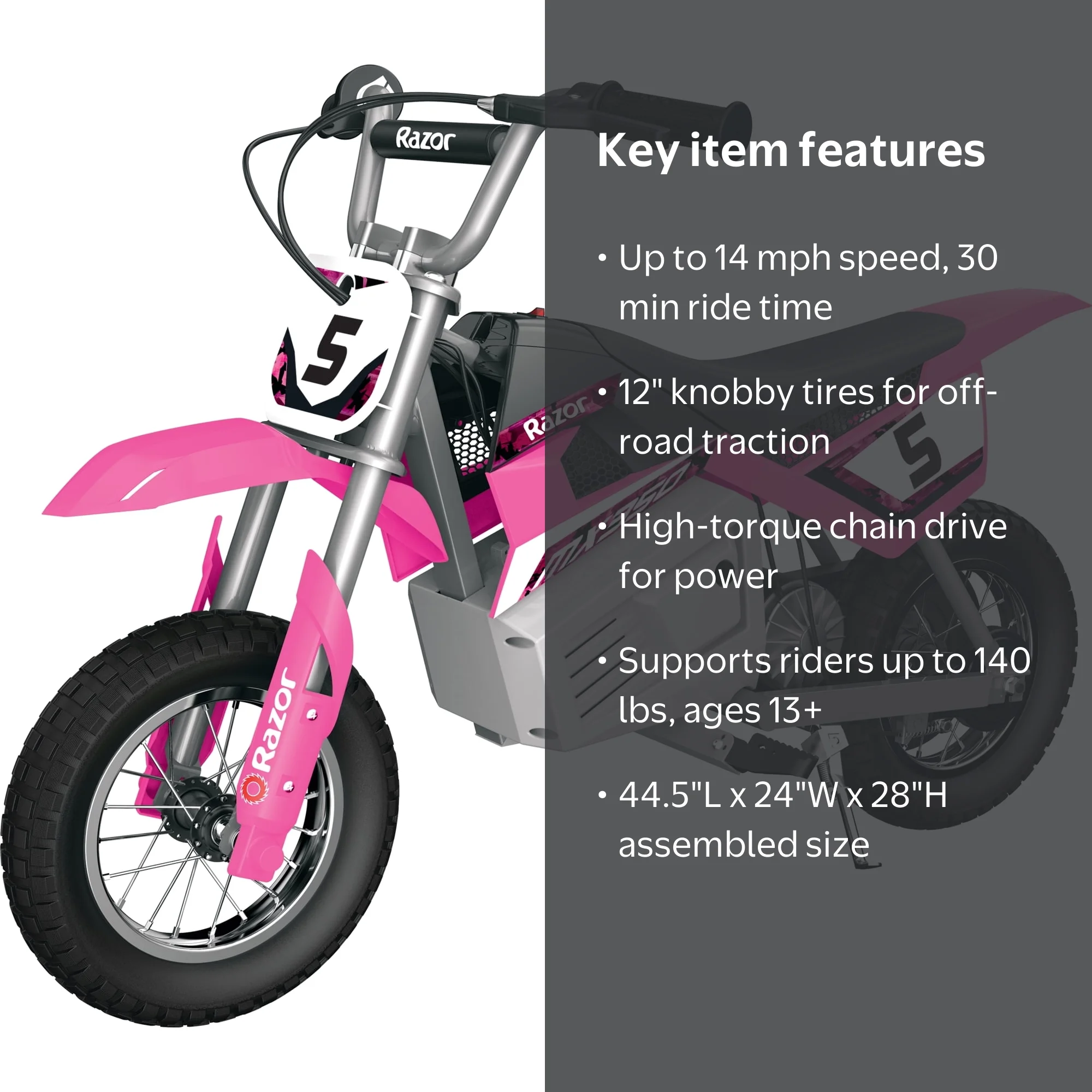 Razor MX350 Dirt Rocket for Teens - Pink, 14 mph, 24V Motocross