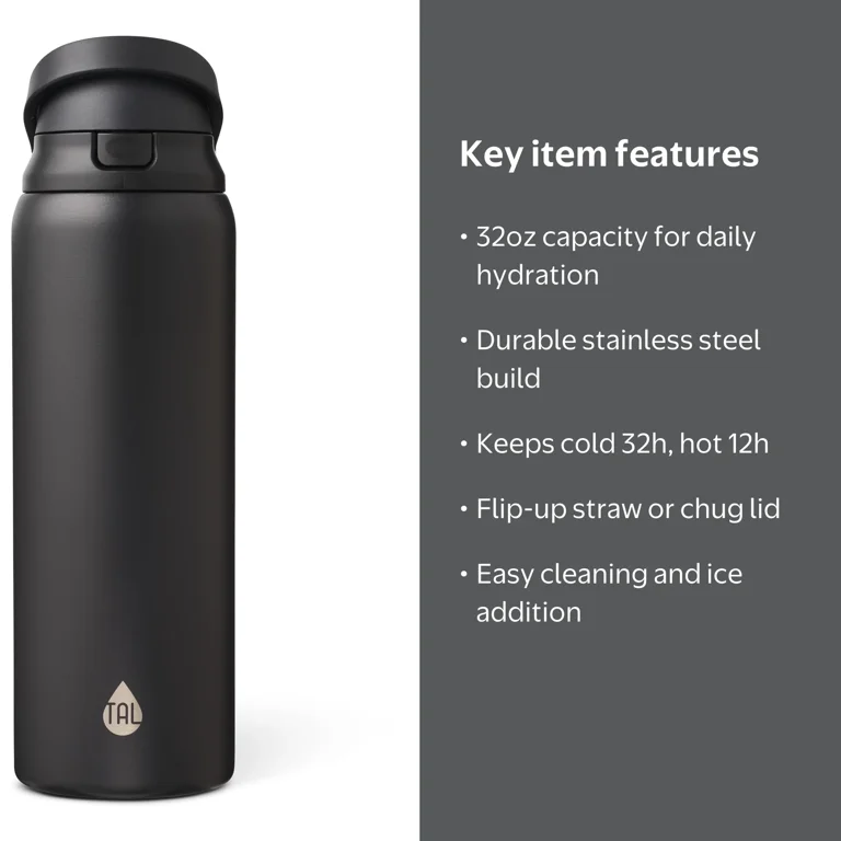 TAL 32oz Stainless Steel 2-in-1 Water Bottle with Straw and Chug Lid, Black