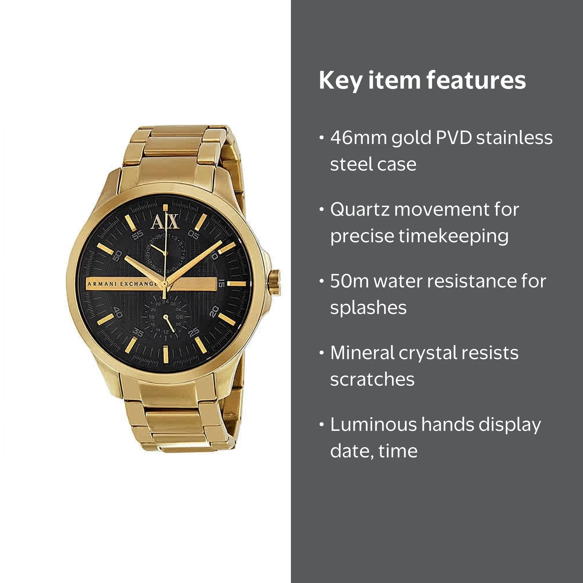 Armani Exchange Black Dial Gold PVD Men's Watch AX2122 - Walmart.com
