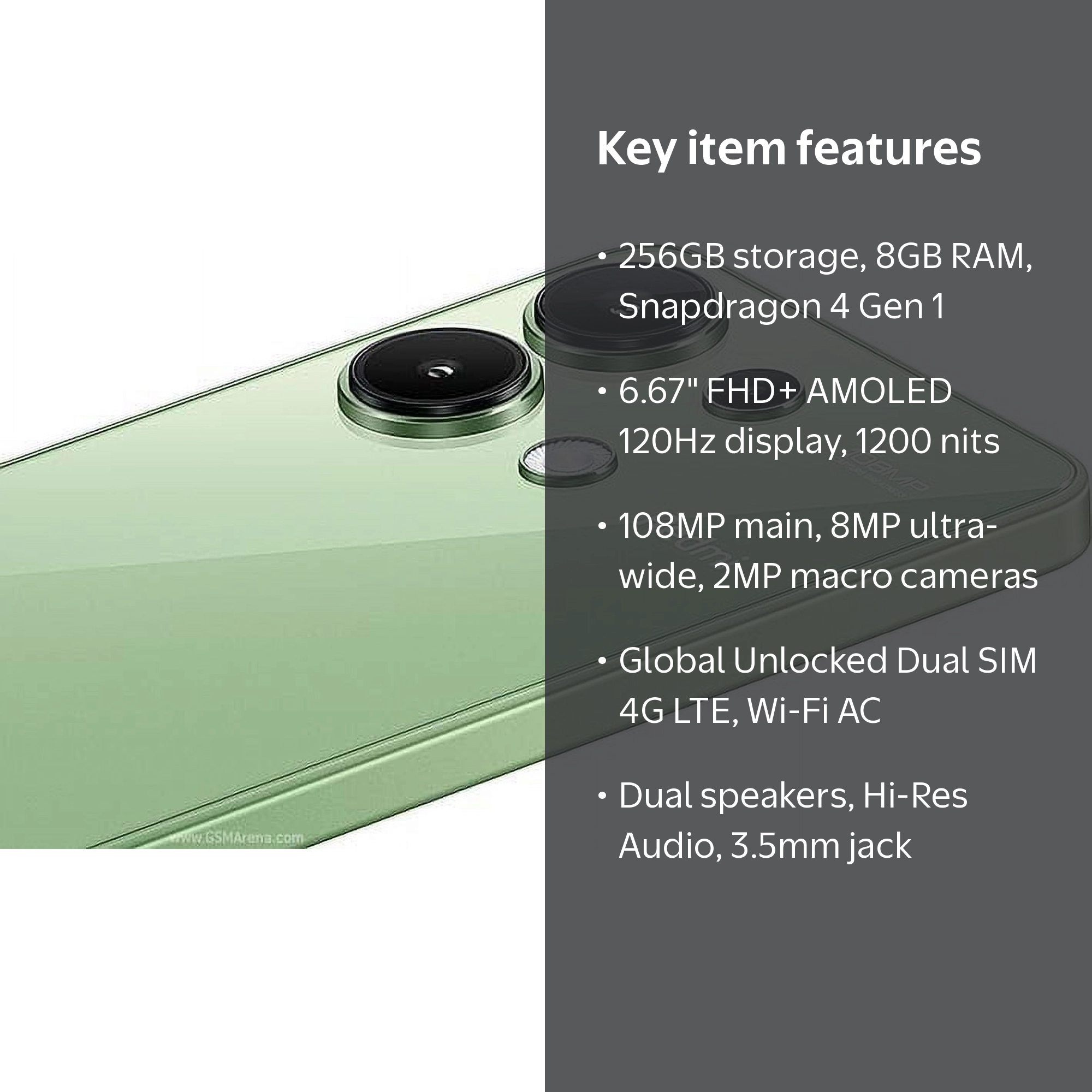 Xiaomi Redmi Note 13, 4G LTE, 256GB/8GB, 108MP Trio, Tmobile Mint