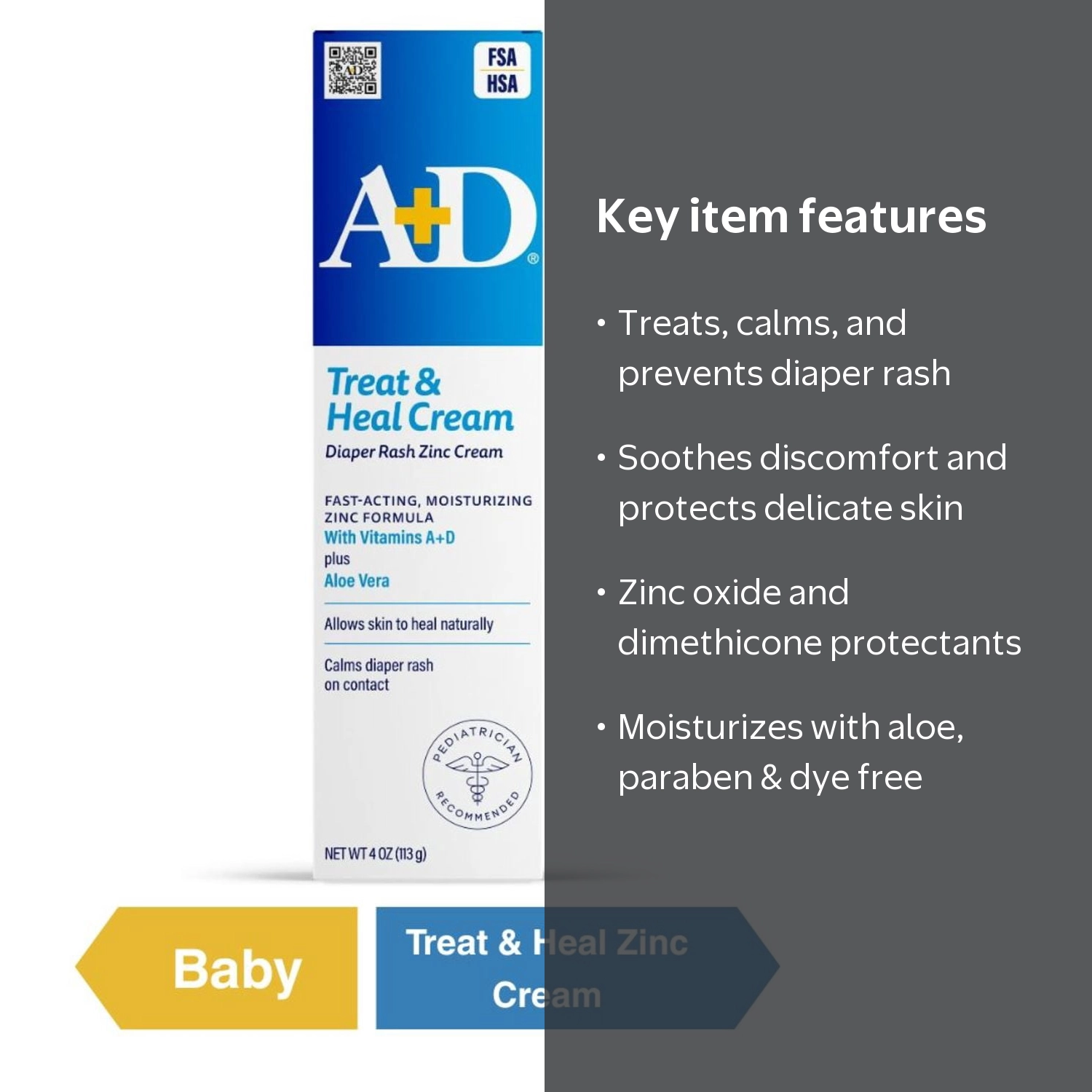 A+D Medicated Diaper Rash Cream with Zinc, 4oz HSA/FSA Eligible