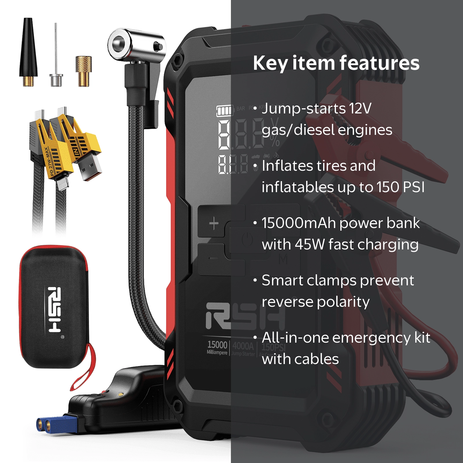 RSH, Portable Car Jump Starter, 15000mAh, 4000A Peak Battery