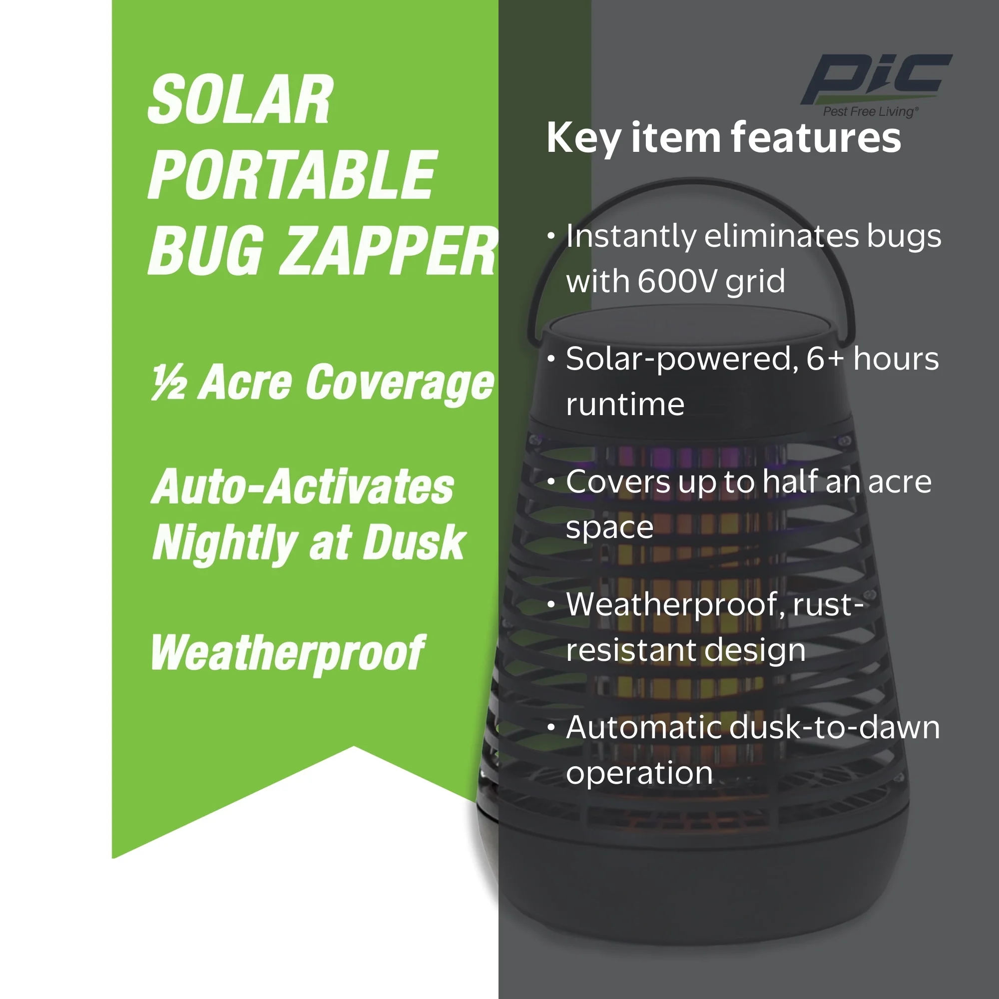 PIC Solar Portable 1/2 Acre Bug Zapper, Mosquito Killer Torch