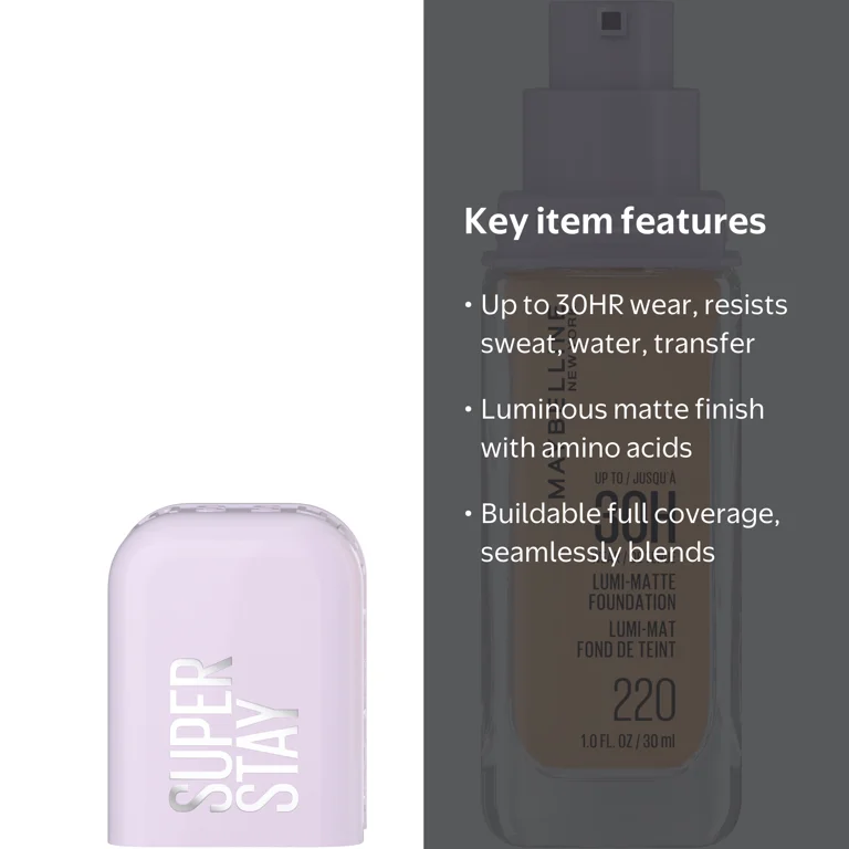 Maybelline Super Stay Lumi-Matte Foundation Makeup, 220, 1 fl oz