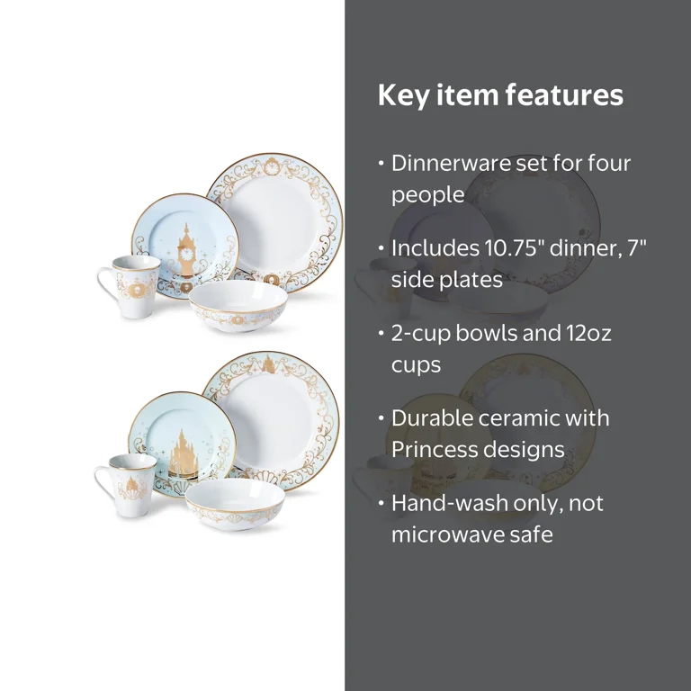 Disney, Princess 16-Piece Dinnerware Set, Ceramic, Includes Mug