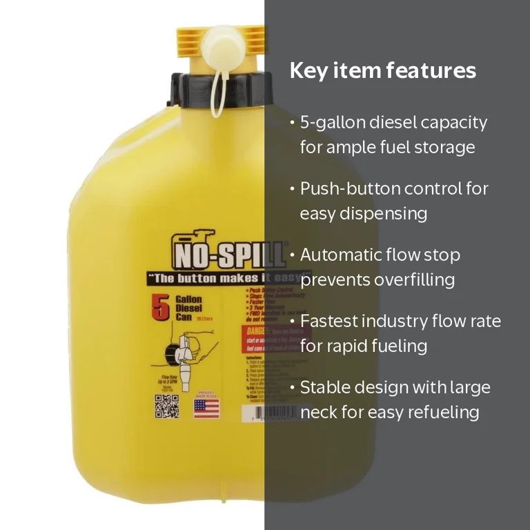 No-Spill, Diesel Can, 5 Gallon, Auto Flow Stop, Large Neck Opening