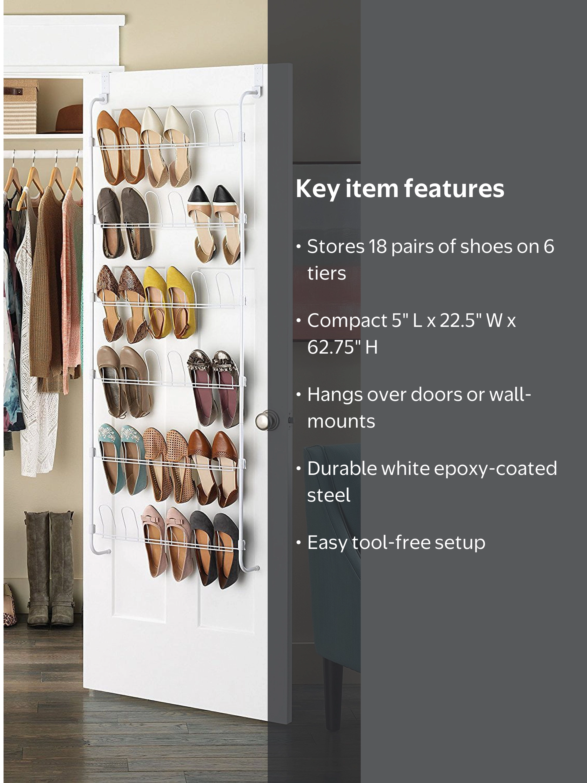 Whitmor, Over-The-Door Metal Shoe Rack, 18-Pair Capacity, White