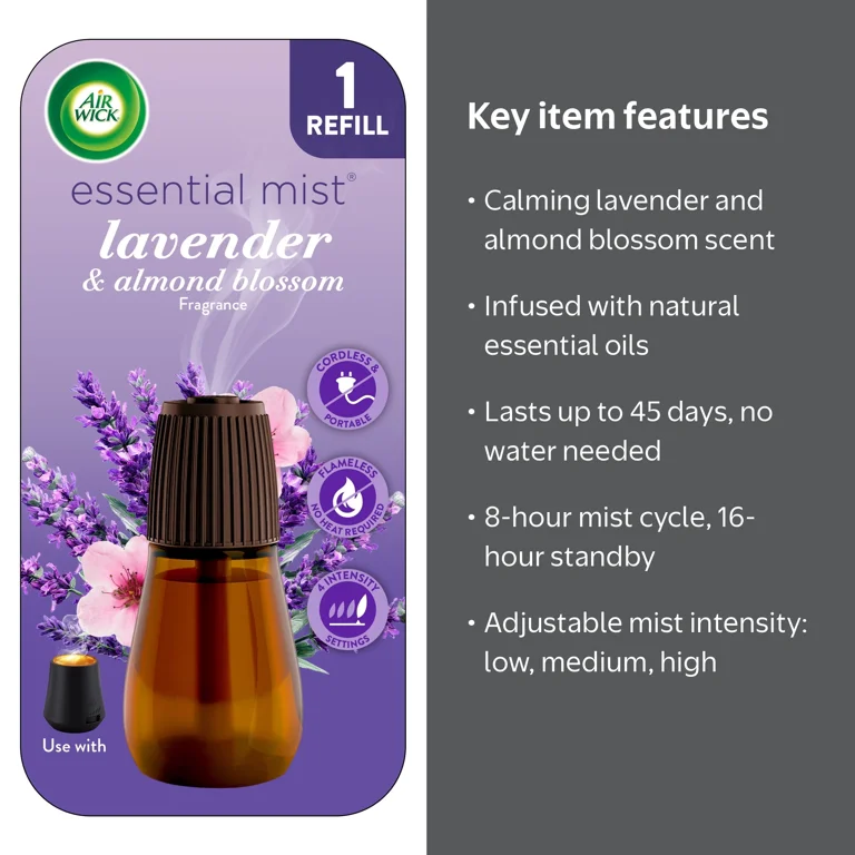 Air Wick Essential Mist Scented Oil Cordless Diffuser Refill, Lavender and Almond Blossom, 1 Count