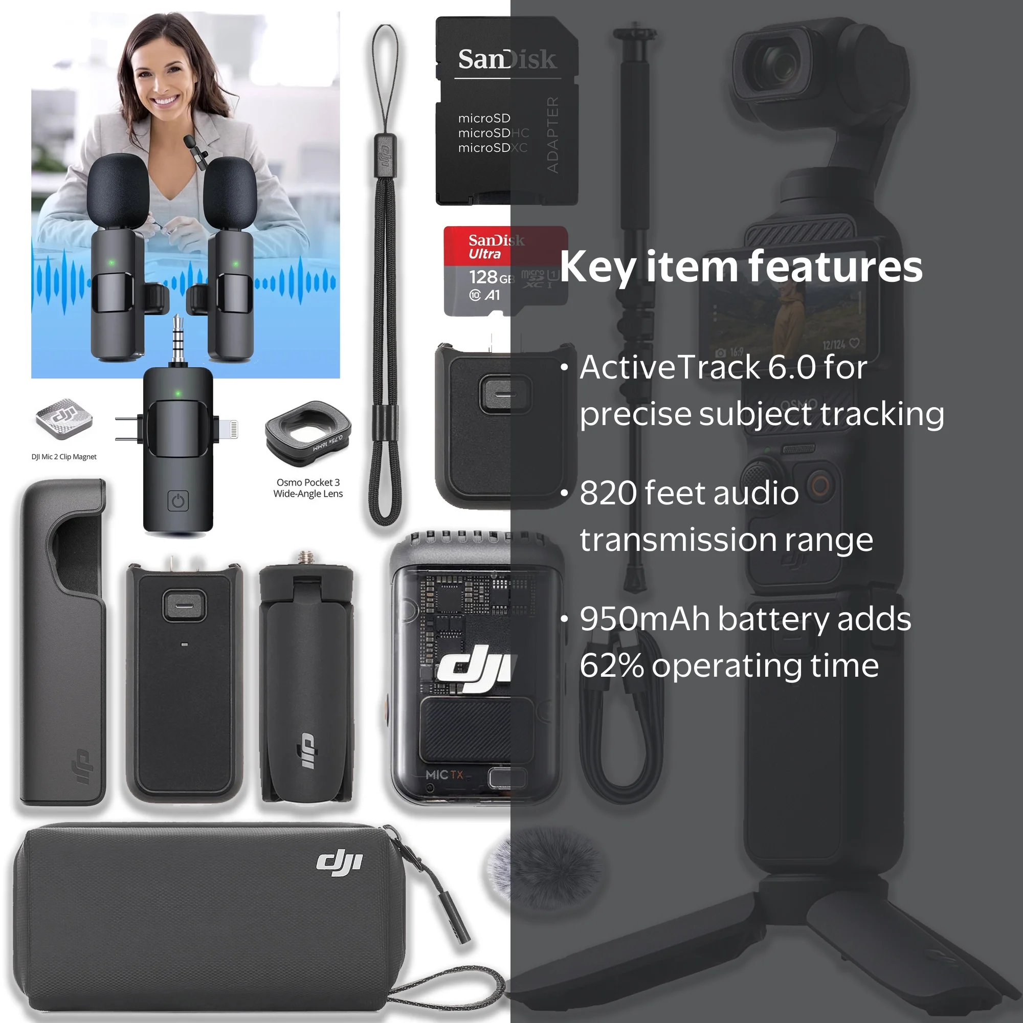 DJI Osmo Pocket 3 Creator Combo with Wide Angle Lens, Micro SD