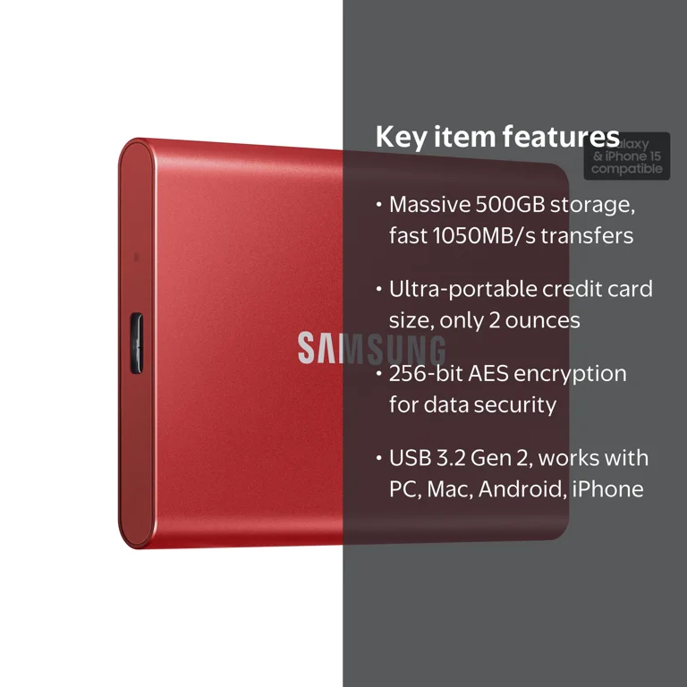 SAMSUNG Portable SSD T7 500GB USB 3.2 External - Red (MU-PC500R/AM