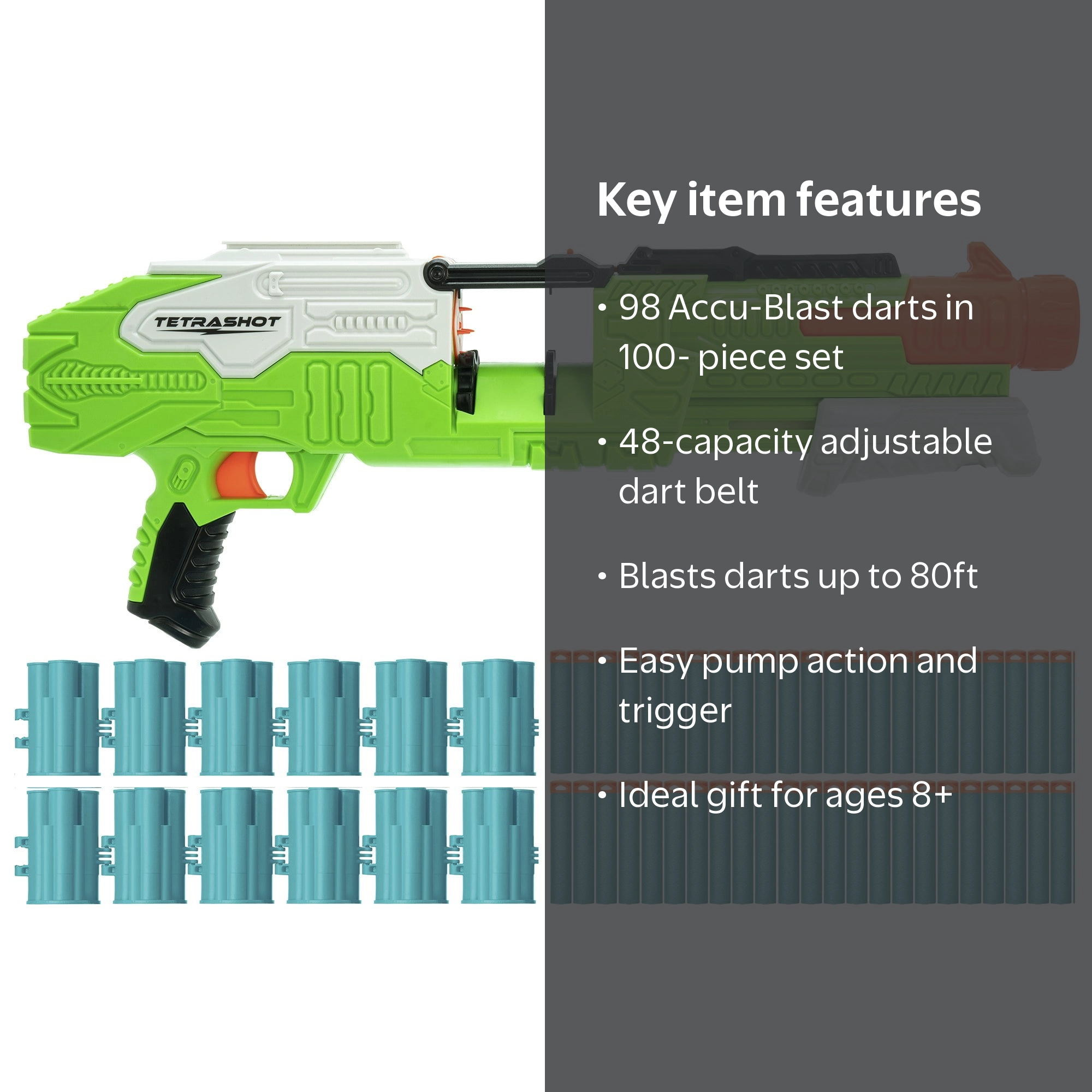 Tetrashot Green & White Dart Blaster W/ 98 Accu-Blast Darts & Dart