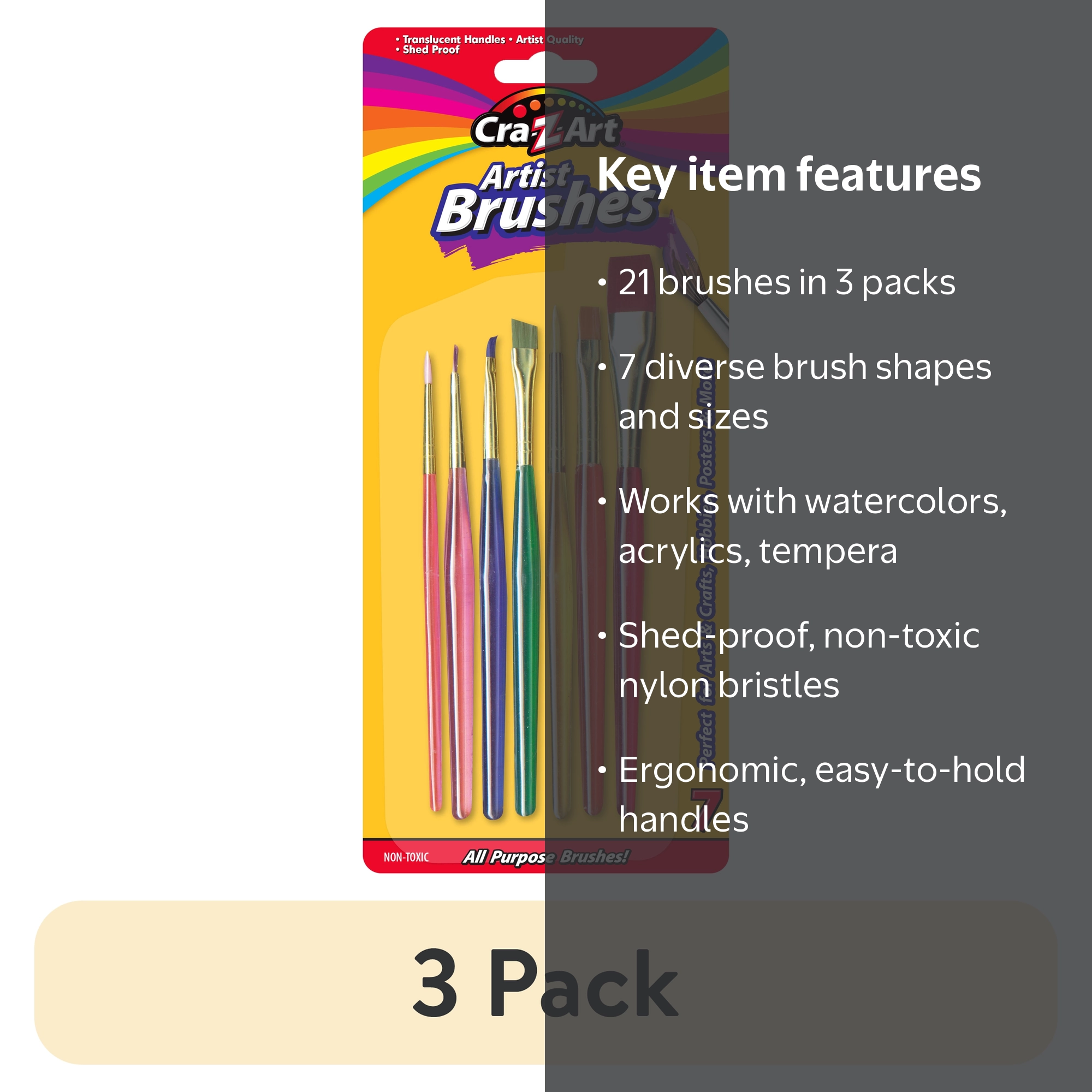 3 pack) Cra-Z-Art All Purpose Multicolor Artist Paint Brushes, 7