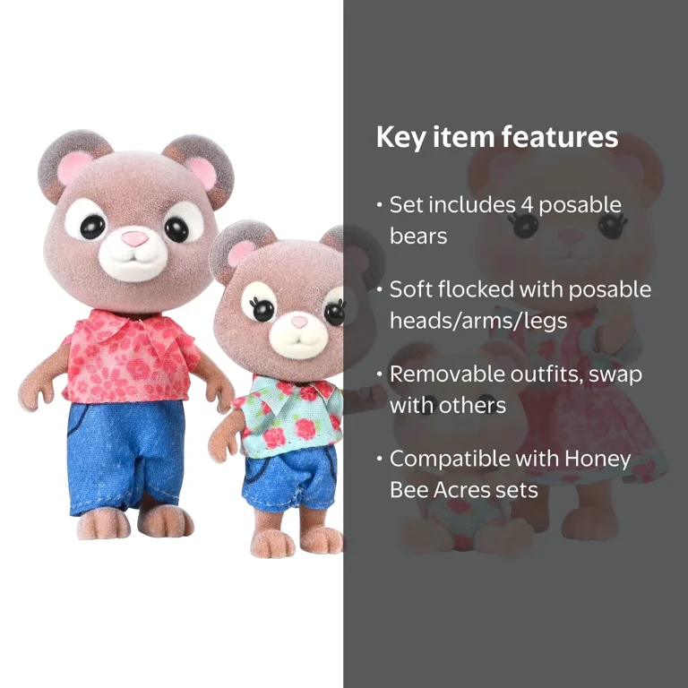 Honey Bee Acres Bear Family, 4 Miniature Flocked Posable Dolls