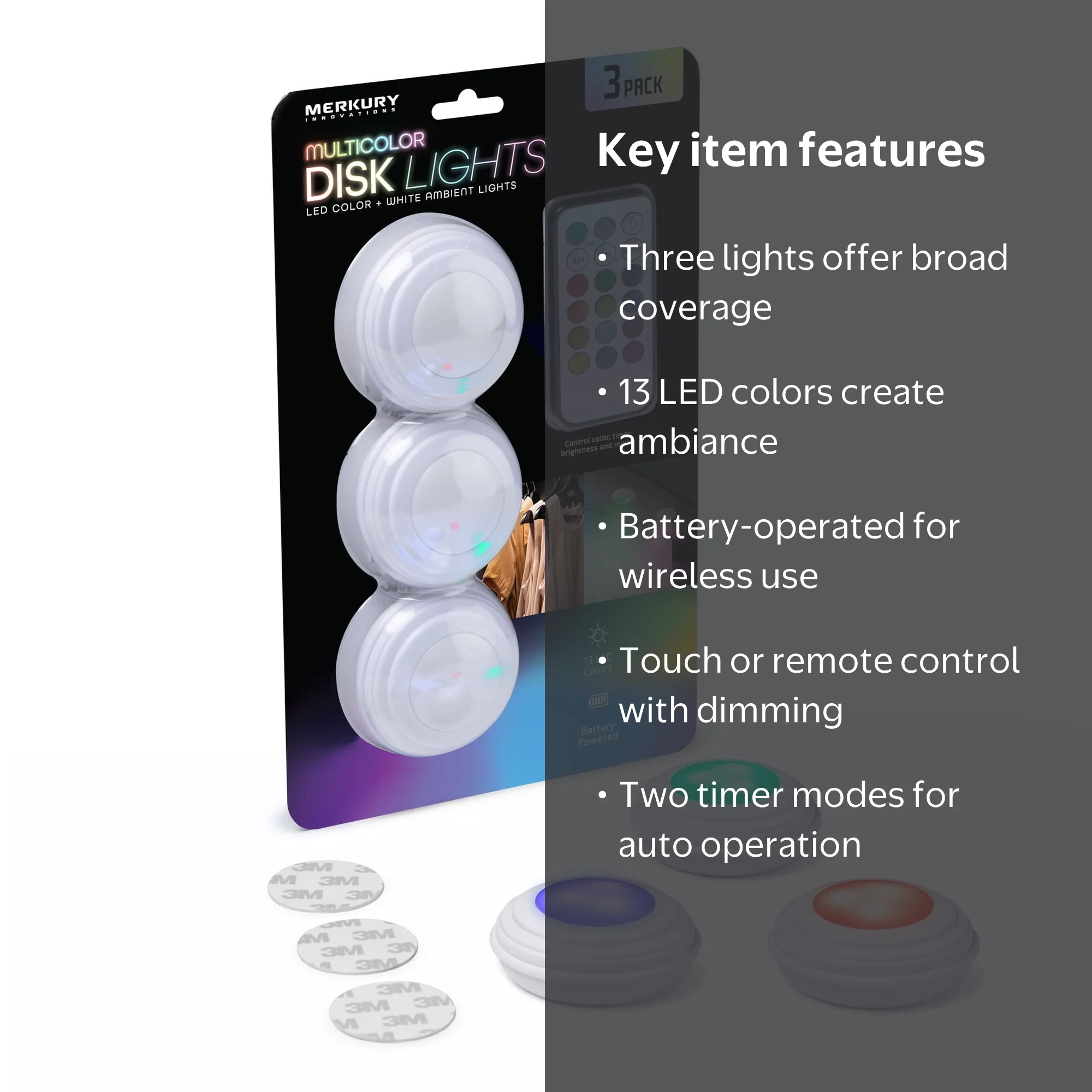 Merkury Innovations Multicolor RGB Puck Lights, Battery Operated