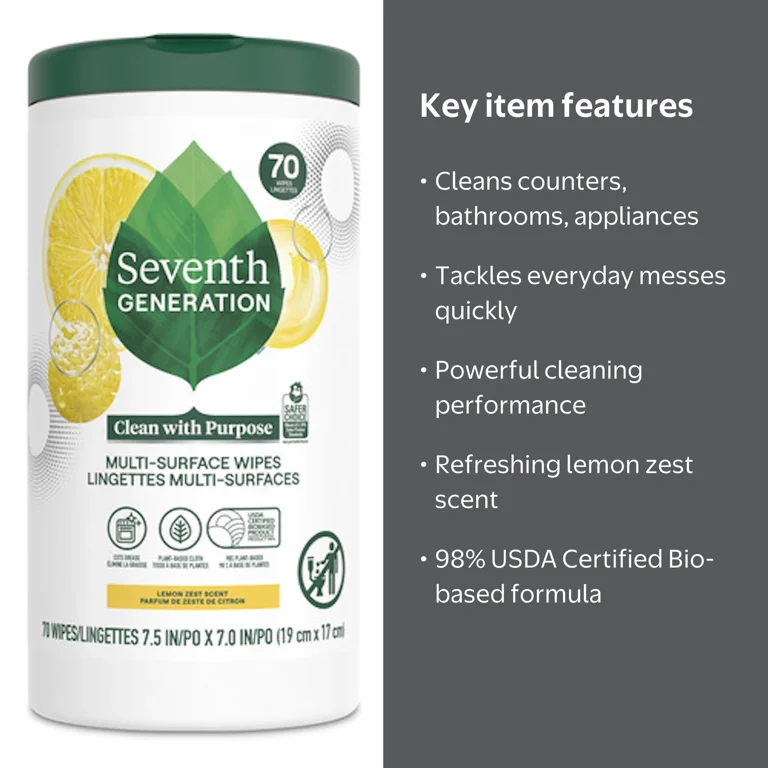 Seventh Generation Multi Surface All Purpose Wipes, 70 ct, Lemon