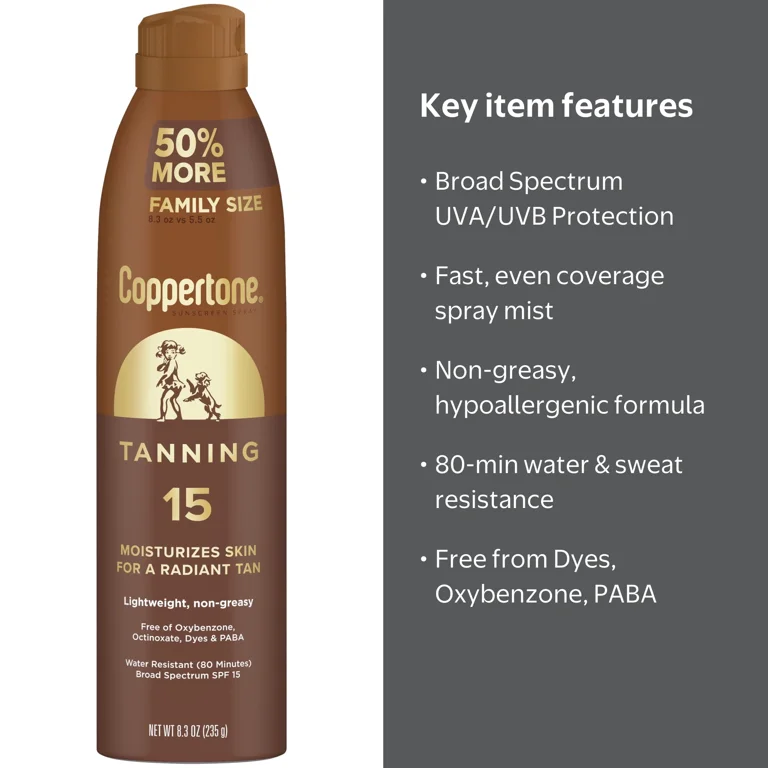 Coppertone, Tanning Sunscreen Spray, SPF 15, 8.3 oz - Walmart.com