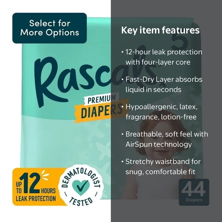 Rascals Premium Absorbent Baby Diapers Size 5, 44 Count - Walmart.com