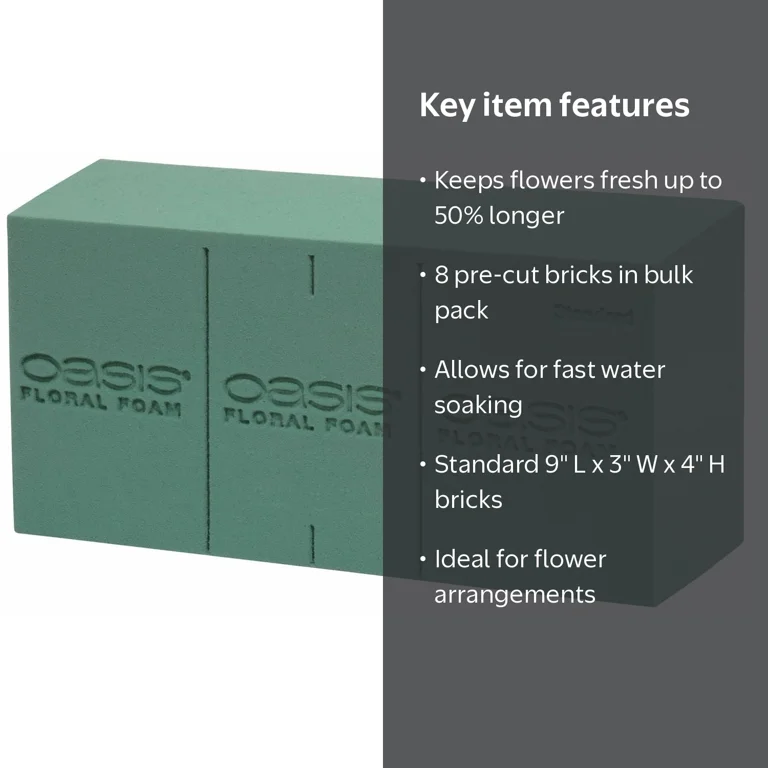 Oasis Floral Products, Wet Floral Foam Brick, 8pk, Green, Foam