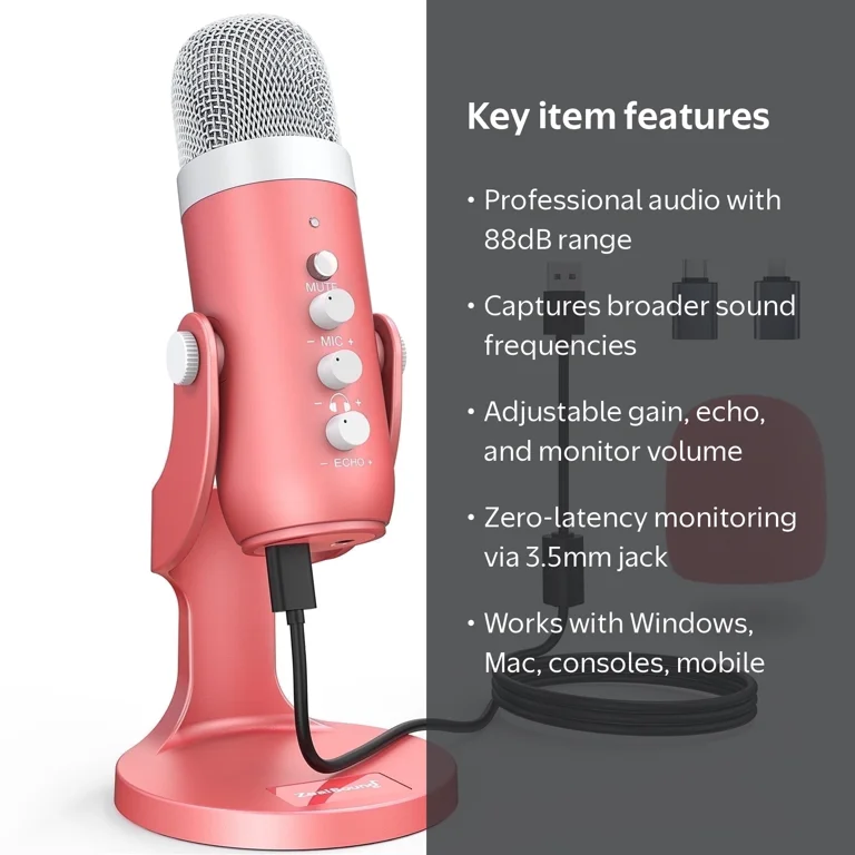 ZealSound Pink USB Gaming Microphone K66 with Quick Mute, Gain