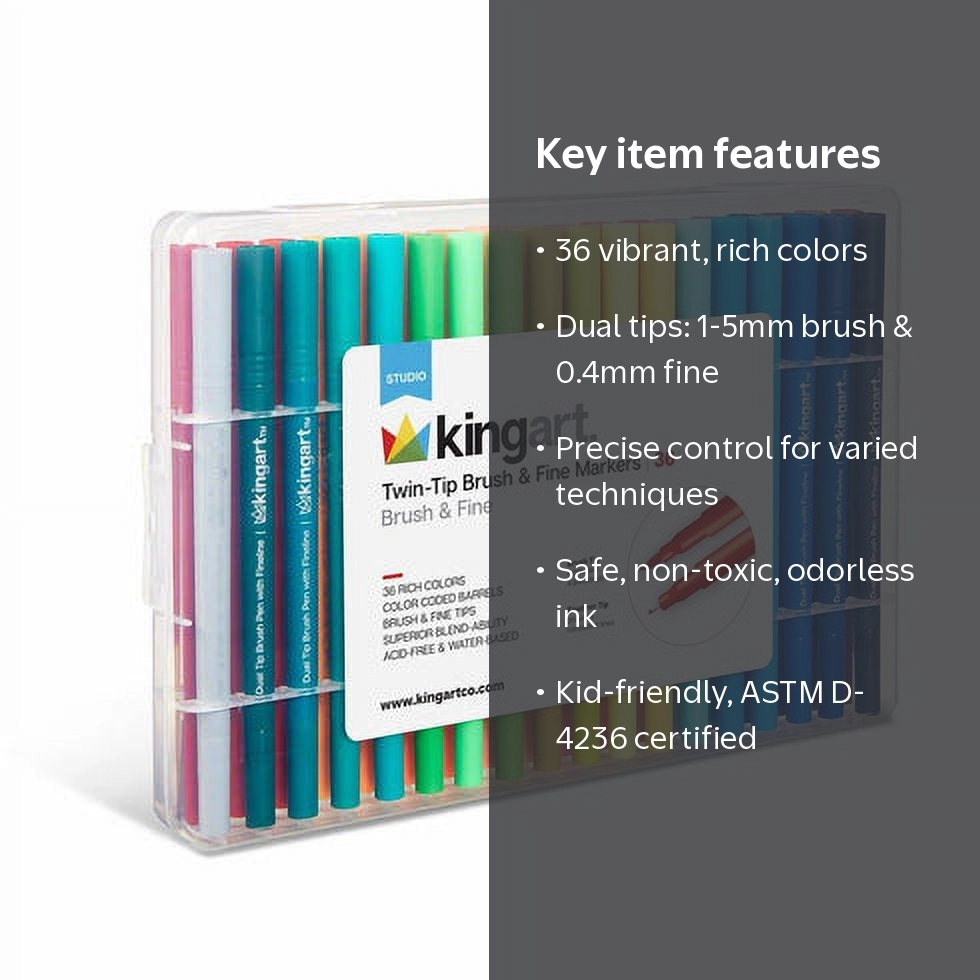 Kingart Studio, Twin-Tip Brush and Ultra Fine Markers, Set of 36