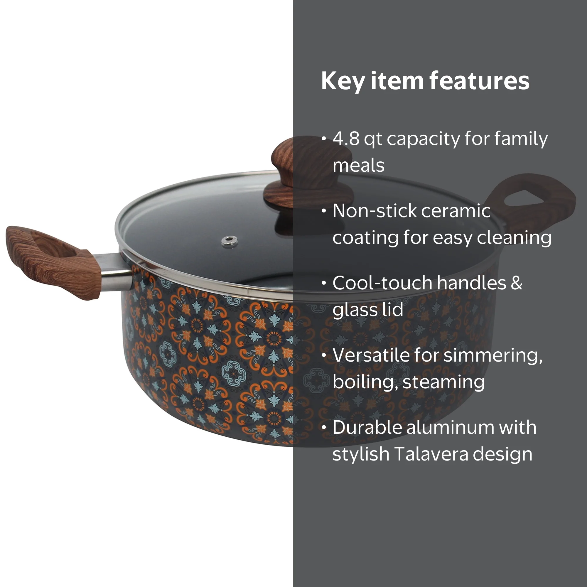 Im Usa 4.8qt Talavera Aluminum Black Ceramic Dutch Oven with Glass