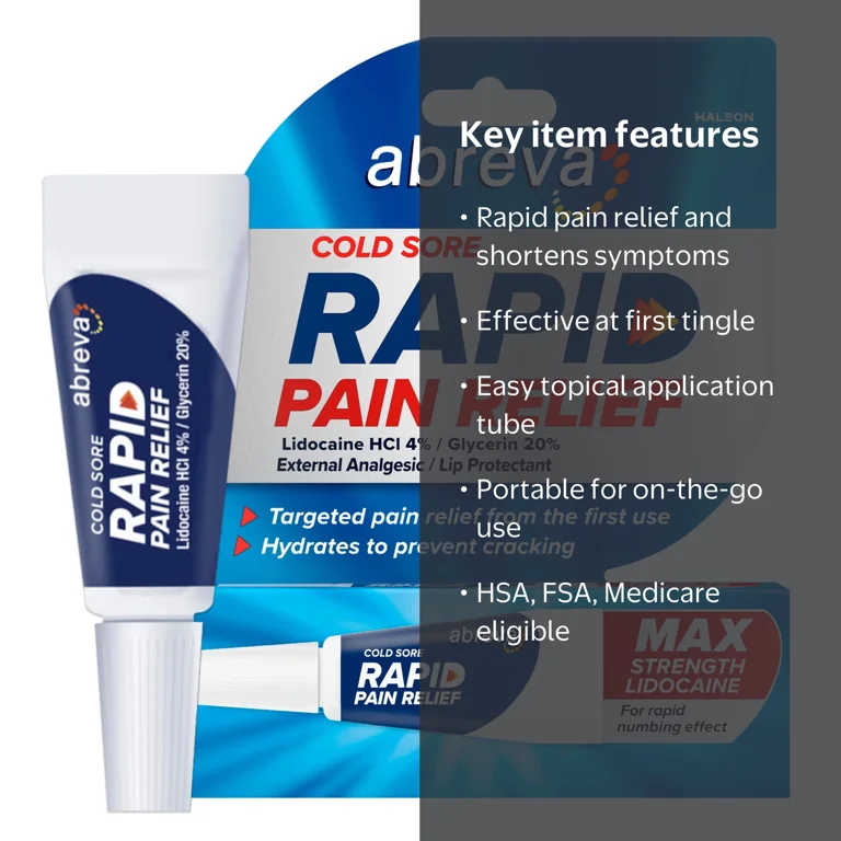 Abreva Cold Sore Treatment Rapid Pain Relief Cream - 1 Tube, 3