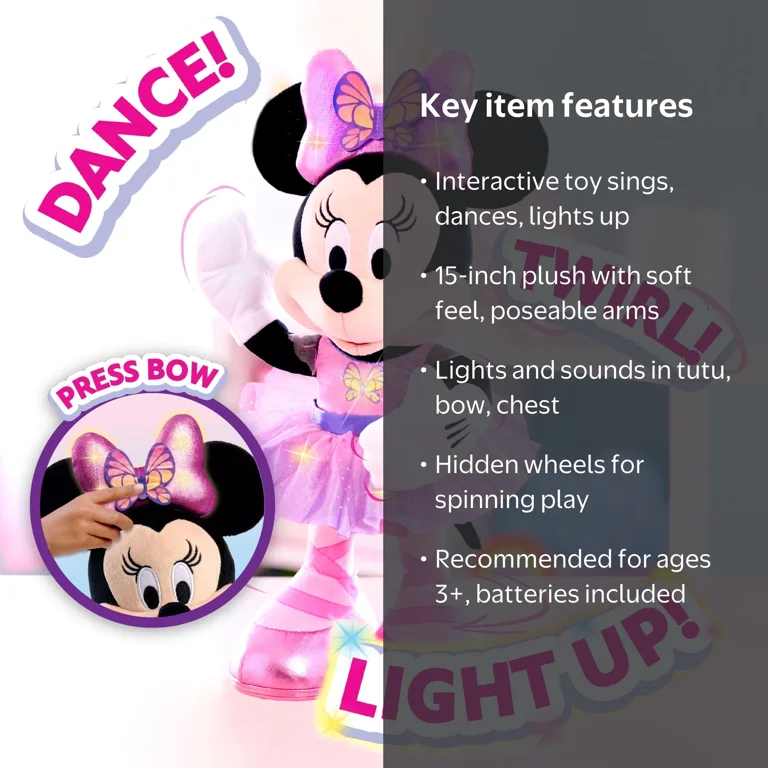 Minnie Mouse, Plush Doll, 15 Inches, Lights and Sounds Sing and