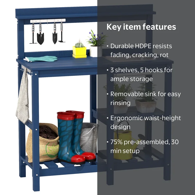 FOOWIN, HDPE Outdoor Potting Table with Sink, Navy Blue - Walmart.com