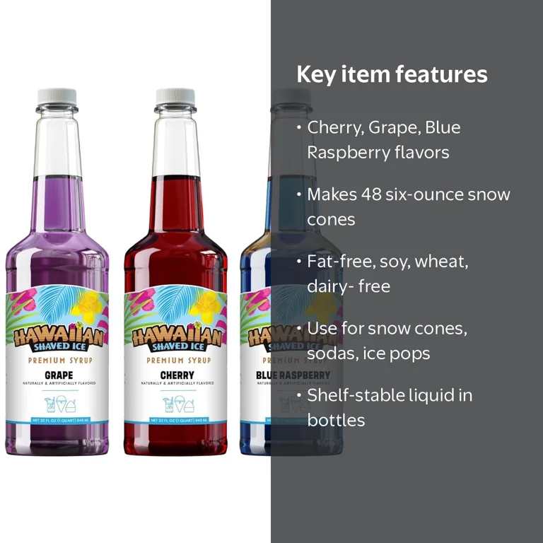 シロップ。 Hawaiian Shaved Ice 3 Flavor Syrup Pack, 32 oz Cherry Grape Blue