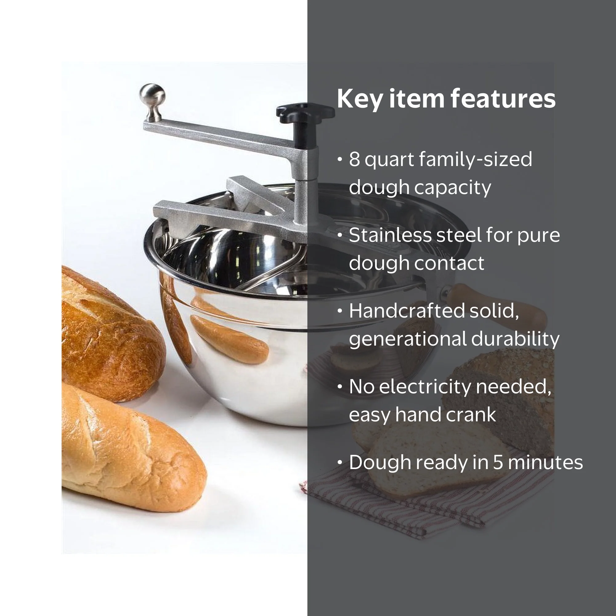 Handcrafted Stainless Steel Hand Crank Bread Dough Maker Kneader 8