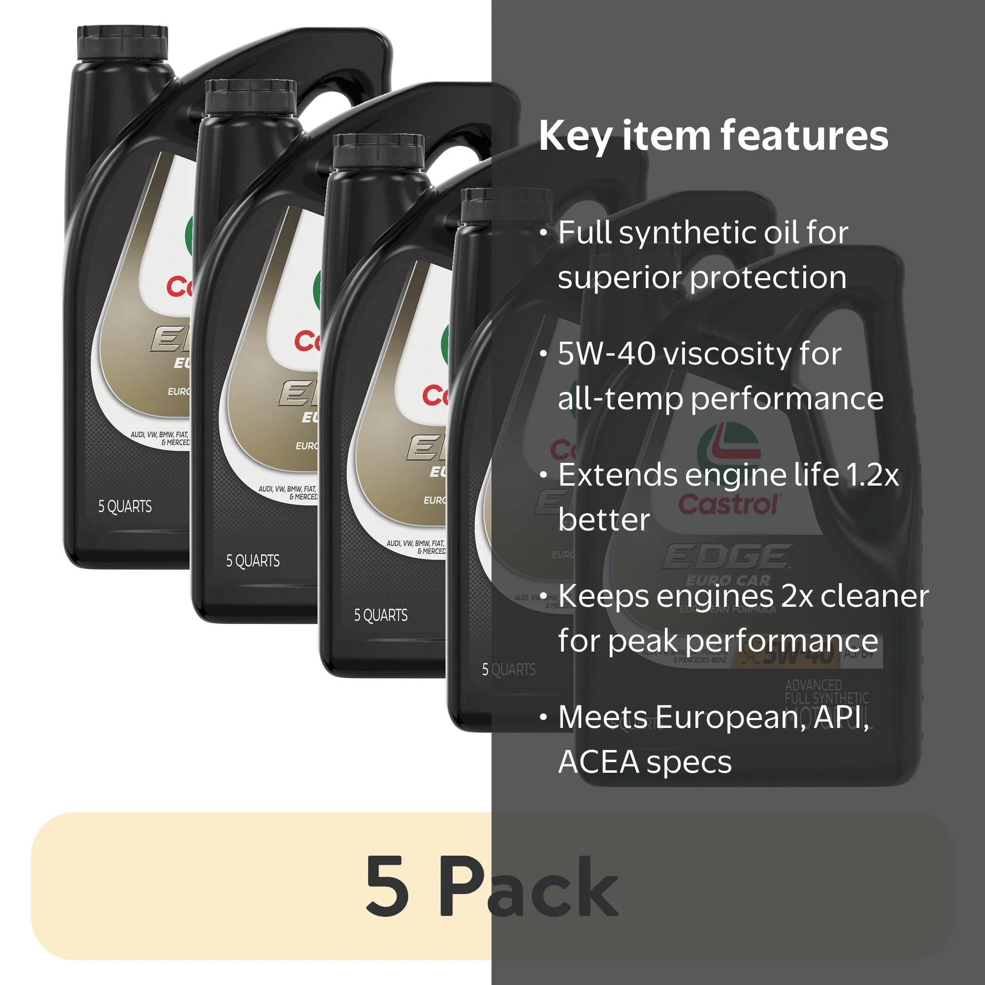 5 pack) Castrol EDGE Euro 5W-40 A3/B4 Advanced Full Synthetic