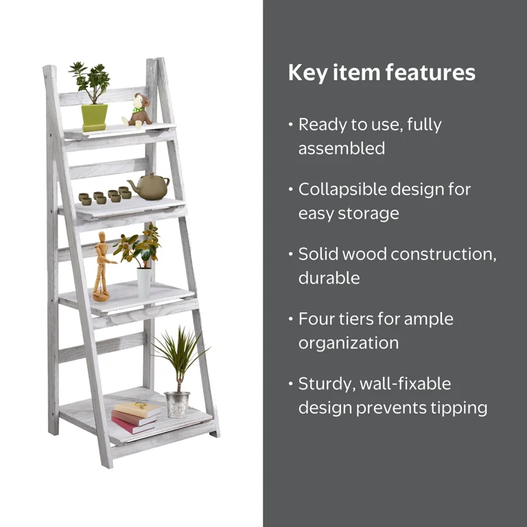 Hofitlead 4 Tier Wooden Ladder Shelf, Rustic Folding Bookcase